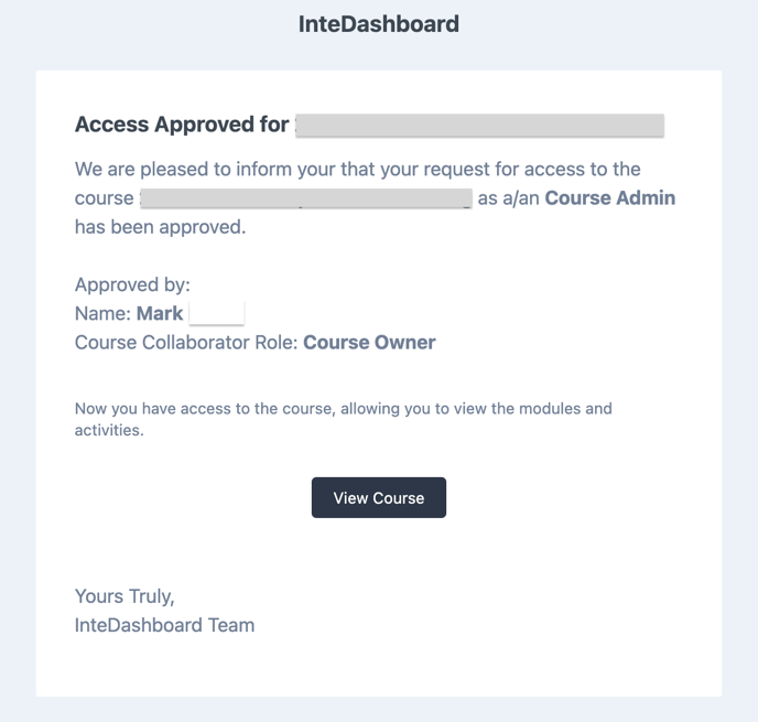 Image showing the "Access Approved" email with the new course collaborator role 